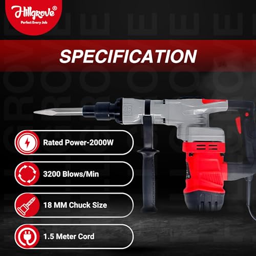 Image of Hillgrove HGCM1399M1 2000W 100% Copper Winding 7Kg Concrete Demolition Hammer Chipping Hammering Drilling Breaker Drill Machine 7Kg Kit Set