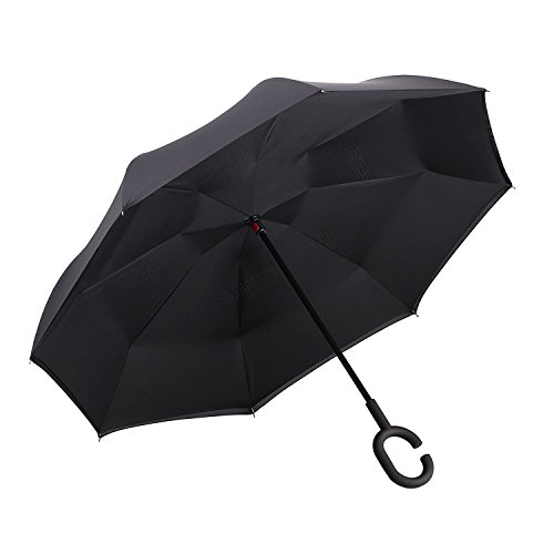 wuudi Inverted Umbrella Double Layer Windproof UV Protection Car Reverse Umbrella with C-Shaped and Carrying Bag (Black)