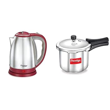 Prestige PKOSS 1.8 Litre Kettle, Red + Prestige Popular Stainless Steel Pressure Cooker, 2 litres, Silver