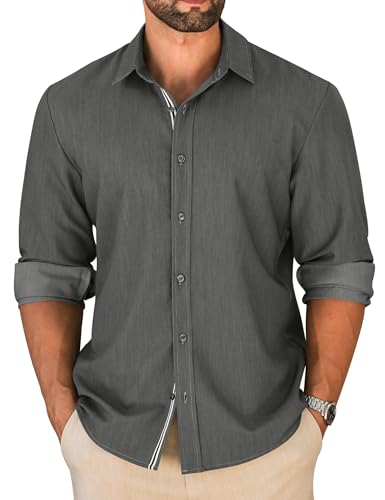 LETSEE Mens Casual Button Down Shirt Untucked Long Sleeve Denim Textured Shirt Strech Wrinkle-Free Dress Shirt