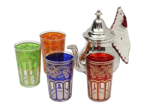 Moroccan Hammered Tea Set Medium: Silver Teapot with Integrated Filter and Teapot Holder, 4 Multicoloured Tea Glasses, Handmade in Morocco, Serving Mint Tea Gift Set