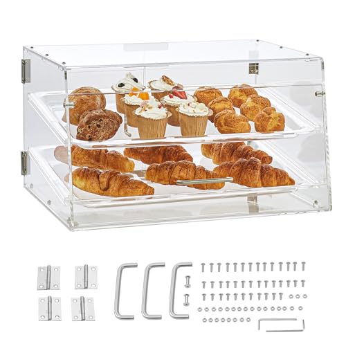Happybuy 2-Tier Pastry Display Case, Commercial Acrylic Countertop Showcase, Removable Shelves & Rear Door Access for Donuts, Bagels, Cakes, Cookies, 20.7