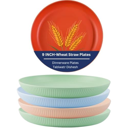 Image of Wheat Straw & Bamboo Fiber Plates Set, Lightweight Unbreakable Dinner Plates, Microwave and Dishwasher Safe, Plates Easy to Clean & Reusable (9 Inches, Random, Set of 4)