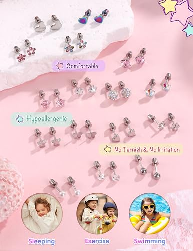 Image of CASSIECA 16 Pairs Hypoallergenic Screw Back Earrings for Women Girls 316L Stainless Steel CZ Ball Heart Flower Screwback Flat Back Stud Earrings Jewelry Gift Women Multicolored Pink