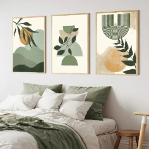 Peinture murale bohème vert sauge et affiches plantes nordiques pour salon - 3 toiles 20x30