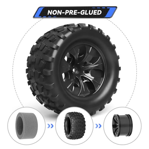 AllinRC 1/10 Scale RC Truck Wheels and Tires 2.8\" Monster Tires 12mm Hex for Traxxas Rustler Stampede 4x4 Vxl 2WD Redcat Volcano Epx Pro 4PCS