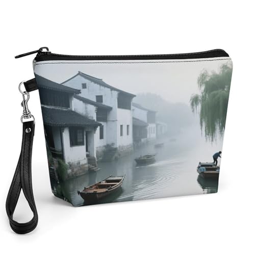 Bolsa de cosméticos de piel sintética premium, neceser elegante con asa y cremallera