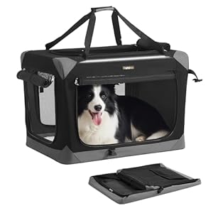 Feandrea Hundebox faltbar, Transportbox, Hundetasche, Oxford-Gewebe, mit 4 Türen aus Netzstoff, Griffen, Tasche, 76,2 cm, für mittelgroße Hunde, tintenschwarz-Taubengrau PDC027BH01