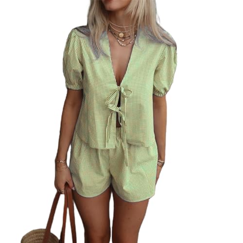 Image of Thopavenoir Women 2 Piece Casual Lounge Sets Y2k Puff Sleeve Peplum Shirt Tie Front Tee Shirt Shorts 2pcs Pajamas Sets