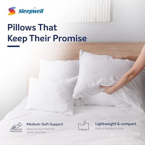 Image of Sleepwell Umang Pillow | Medium Soft & Odour-Free | Recycled Conjugate Fiber Fill | Breathable Polyester Cover | 27 x 17 Inches | Pack of 2