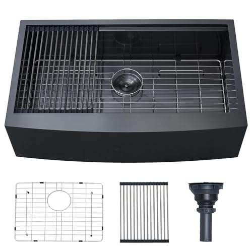 Image of 33 Inch Black Farmhouse Sink, 33x20x9 Undermount Gunmetal Black Apron Front Farm Ktichen Sink Stainless Steel Single Bowl 16 Gauge with Accessories