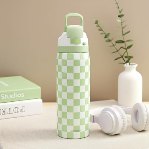 Image of Checkered Insulated Stainless Steel Water Bottle with Straw for Sports and Travel, 32oz, Gifts for Women Girls Friends Teens Birthday Christmas (Green)