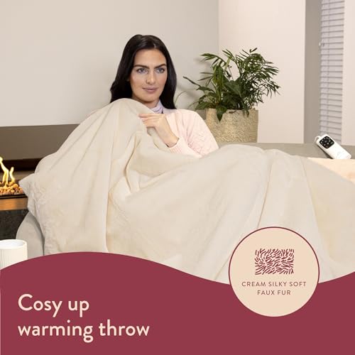Dreamland Cosy Up Silky Soft Faux Fur Warming Throw/Electric Blanket with 6 Heat Settings (Intelliheat technology, 160 x 120 cm, Machine washable, Detachable control, 1/3/9-hour auto timer) Cream