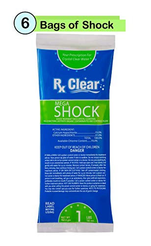 Rx Clear Mega Shock | 73% Calcium Hypochlorite | Kills Algae in Swimming Pools | Works As Pool Sanitizer Clarifier and Algicide | One Pound Bags | 6 Pack