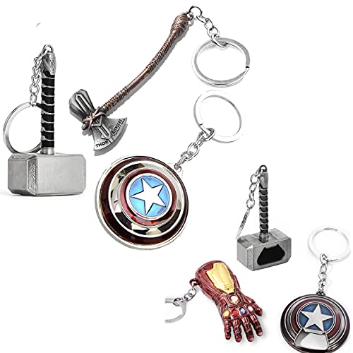 Sio & Tan Mjolnir Keychain Bottle Opener, Iron Man Nano Gauntlet Keychain, Captain America Shield Keychain Bottle Opener, Thor Hammer Keychain Bottle Opener, Captain America spinning key ring