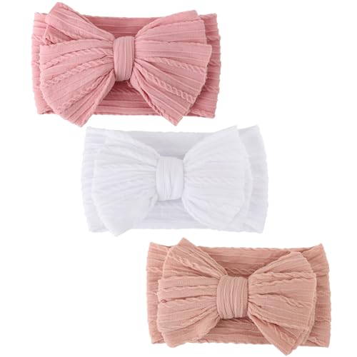 Image of DRESHOW BQUBO Handmade Baby Headbands Soft & Stretchy Hair Bands with Bows Nylon Bows Hairbands for Girls Newborn Infant Toddlers Hair Accessories 3 pack