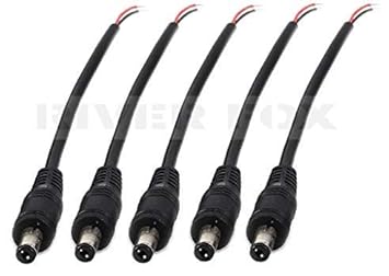 River Fox DC Power Pigtail Male Cables with 2.1mm Connectors Barrel Jack for Home Surveillance/CCTV Camera and Strip Lighting (Pack of 5)