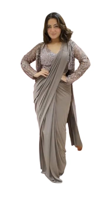 Lehenga Choli Indo-Western Draped Set For Womens And Girls Ready To Weear Hevay Silk Fabric With Work Multi Thread Embroidery Coding wedding indowestern Wedding Saree koti Grey-image-48