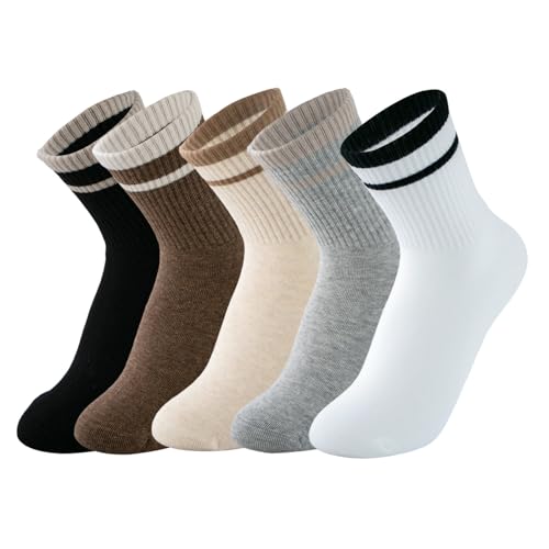Image of Deeorla Womens Striped Crew Socks Brown Vintage Retro Athletic Socks 5 Pairs