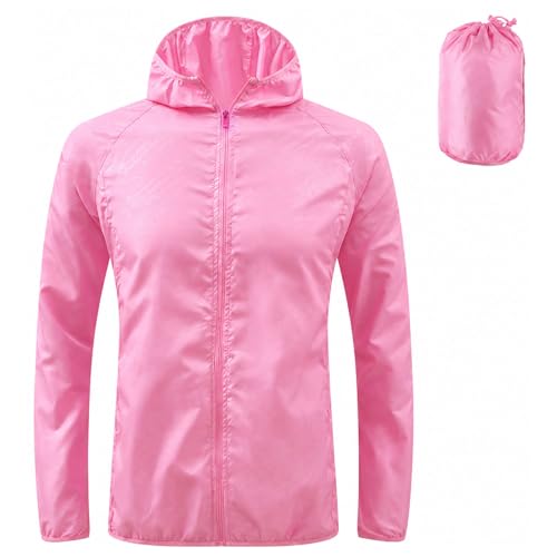 Image of ADUDVLO Men's Lightweight Waterproof Jacket with Pockets, Packable Hooded Windproof Rain Jacket for Travel, Running & Hiking – Includes Carry Pouch (UK, Alpha, XS, Regular, Regular, Pink)