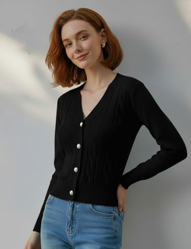 Image of Women's Casual Slim Fit Cardigan Sweaters Long Sleeve Button Down Lightweight Waist Length