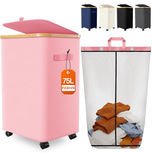 Image of Laundry Hamper with Wheels, 75L Large Clothes Hamper with Removable Inner Bag, Collapsible Dirty Clothes Basket for Dorm, Rolling Dirty Clothes Basket for, Bedroom, Bathroom, Laundry Room