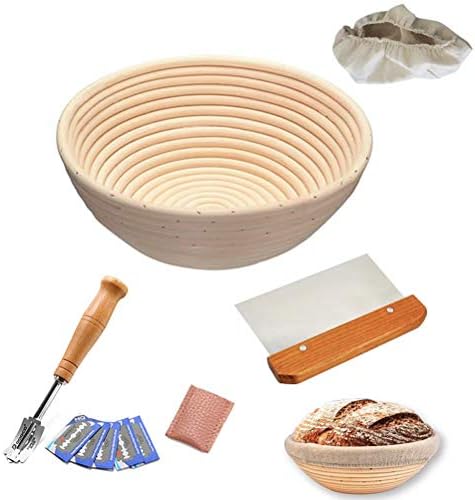 10" Round Bread Proofing Basket for Sourdough Proofing, Professional Baking Tool 4 Pack Set - Bread Proofing Basket& Linen Liner &Dough Scraper & Bread Starter Scoring Knife for Home Bakers