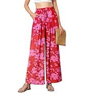 Womens Casual Wide Leg Palazzo Pants Ruffle Elastic Drawstring Loose Pants Floral Beach Trousers ...