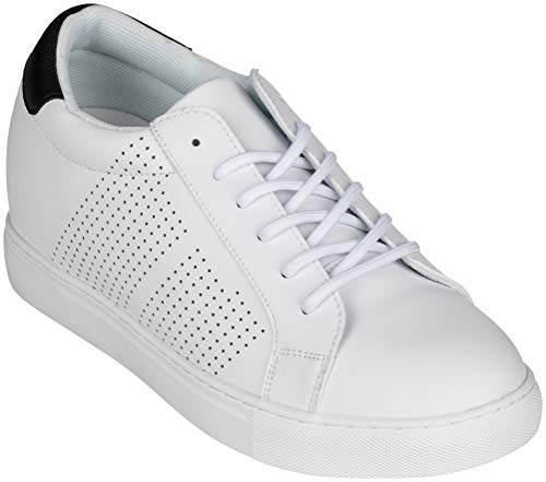 CALTO Men's Invisible Height Increasing Elevator Shoes - White Leather Lightweight Lace-up Casual Fashion Sneakers - 2.6 Inches Taller - H0833 - Size 8 D(M) US2