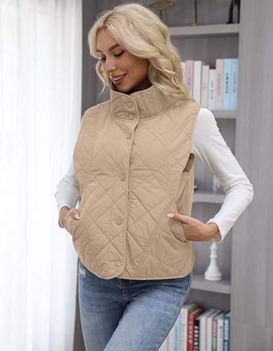 Womens Quilted Vest Lightweight Sleevesless Stand Collar Button Down Padded Gilet Fall Outerwear Vests with Pockets3