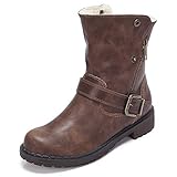 CAMEL CROWN Wide Calf Boots for Women Round Toe Leather Combat Boots with Zipper, Buckle Strap