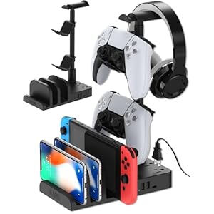 KAFRI Headphone and Controller Stand with USB A&C Charger, Desk Gaming Accessories Headset Holder with USB Charging Port and 2 AC Outlets, Switch/Phone Storage Organizer, Gamer Gift for Men Boyfriend