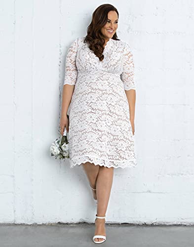 Kiyonna Women's Plus Size Bella Short Ivory Lace Dress, Simple White Wedding, Bridal Shower, or Graduation Midi Dress4
