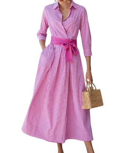 Robe chemise maxi boutonnée à carreaux rétro pour femmes, robe longue à poches vichy à manches 3/4 avec ceinture (Rose,M)
