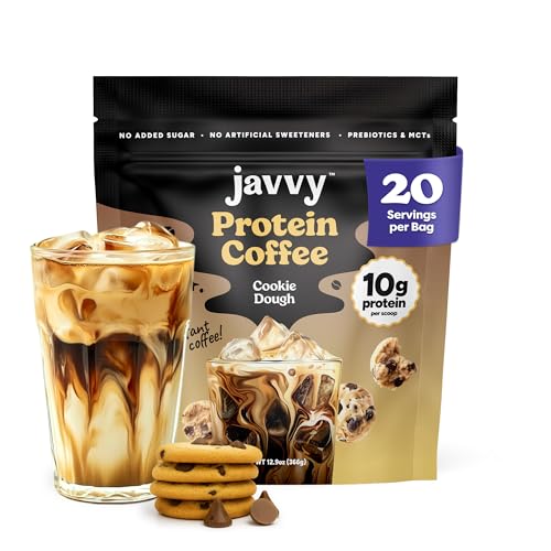 Image of Javvy Protein Iced Coffee - Premium Whey Protein & Iced Coffees, 100% Natural Cold Brew, Zero Artificial Flavors & Sweeteners, 80mg Caffeine, No Added Sugar, 20 Servings, Cookie Dough, 1 Pack