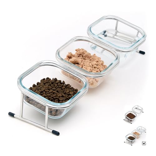 Hannadepot Elevated Cat Bowls 15 Tilted Glass Raised Cat Food Bowl with Stainless Steel Stand 3 Glass Cat Bowls and 4 Anti Slip Feet Suitable for Cats and Little Dogs
