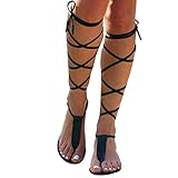 Women Gladiator Sandals Flat,Summer Strappy Lace Up Open Toe Knee High Flat Sandal Black