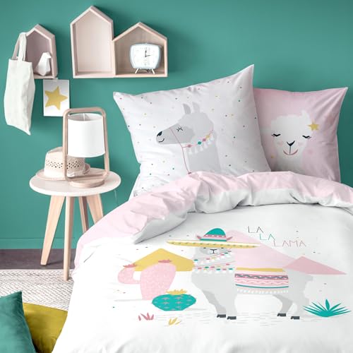 Lama Alpaka Bettwäsche Set 2-teilig 135x200 80x80 cm - Renforcé Wende Bettwäsche für Mädchen aus 100% Baumwolle mit Reißverschluss - Öko-Tex zertifiziert