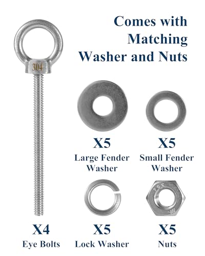 Image of Eye Bolt with Nuts 1 /4'' x 3'' (4 Pack), Imperial, Heavy Duty Stainless Steel 3 /8-16 Long Eye Bolts, Bonus Drill Bit Included