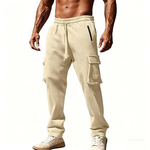 Men's Running Pants Lightweight Joggers Athletic Pants with Pockets Solid All-Match Athletic Cargo Stretch Sweatpants Beige