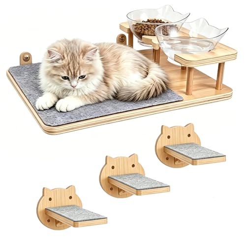 Cat Wall Shelves with Feeding Station Wood Cat Shelves for Wall Large Cats Floating Cat Ledge and Cat Wall Steps for Climbing Dog Proof Cat Feeding Station Set
