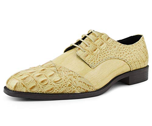 Image of Bolano Bandit Men's Alligator Print Cap-Toe Oxford Dress Shoes | Formal lace-up oxfords with alligator print, folded croc detailing and cap toe for tuxedo and dress wear