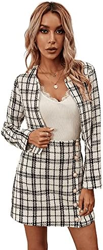 SweatyRocks Women's Business Suit 2 Pieces Tweed Blazer Jacket Coat and Skirt Set White Plaid L