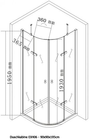 Technical drawing of EX406 shower enclosure with dimensions