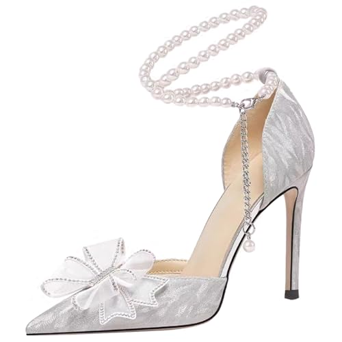 Women's Pearls Ankle Strap High Heel Pumps Sexy Pointed Toe Stilettos Wedding Evening Dress Heels