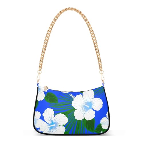 White Hibiscus Flowers Leaves Blue Hobo Purse Clutch Women Tote Handbag Painting Shoulder Handbag Aesthetic Zipper Closure