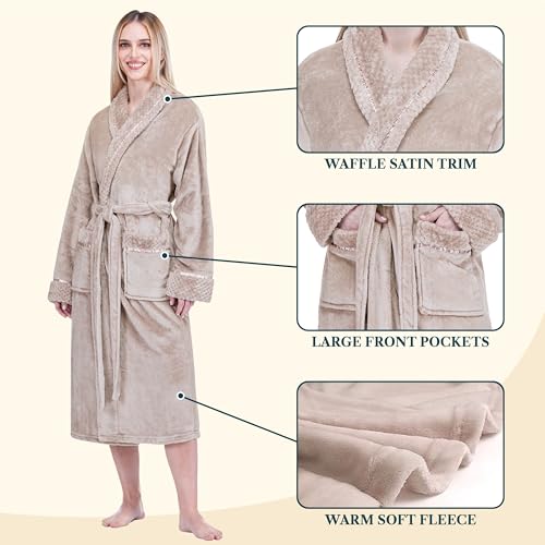 Image of PAVILIA Women's Plush Fleece Robe, Soft Cozy Long Bathrobe with Satin Waffle Trim, Warm Lightweight, Pockets & Tie Belt