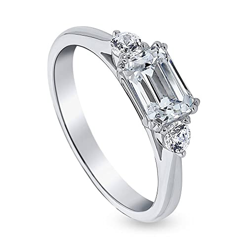 BERRICLE Sterling Silver 3-Stone Wedding Engagement Rings 1 Carat Emerald Cut Cubic Zirconia CZ East-West Promise Ring for Women, Rhodium Plated Size 4-10