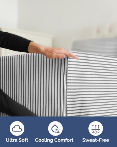 Image of Extra Deep Flex Top Split Head King Fitted Sheet - Hotel Luxury Single Fitted Sheet Only - Easily Fits 18 inch to 24 inch Mattress - Ultra Soft, Wrinkle Free w /Extra Deep Pockets - Grey Stripes 2