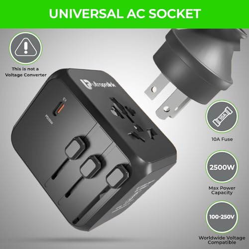 Image of UltraProlink International All in One Universal Travel Adapter|35W GaN Charger|2 USB-A & 3 Type C Ports|PD3.0-PPS Support|2500W|for Laptops,Mobile,Tablets,Cameras|UM1187|Travel Mate PD35|Black